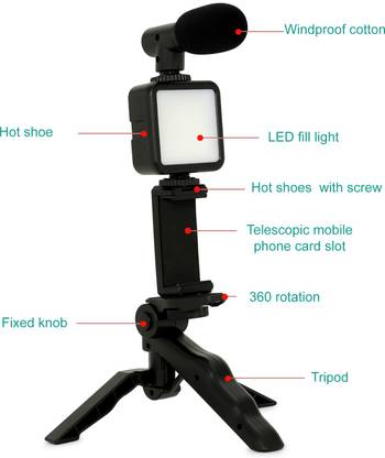 Alchiko Best Mini Live Streaming Tripod & LED Kit Flexible 360 Rotation with Shotgun Mic 250 lx Camera LED Light