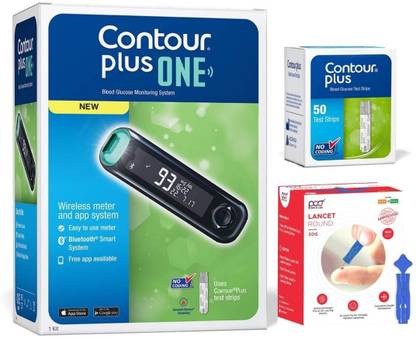 Contour Plus One Glucometer With Highly Accurate (50 Strips+Lancing Device+100 Lancets) Glucometer