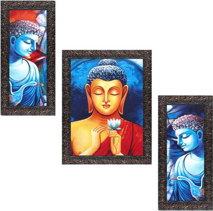 Indianara Set of 3 Gowthama Buddha Framed Art Painting (4095GBN) without glass Digital Reprint 13 inch x 10.2 inch Painting