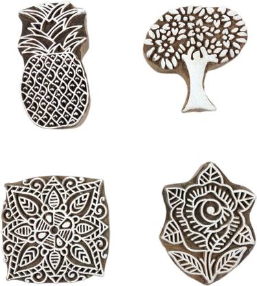 Global Art Traders Indian Beautiful Handcrafted Designs Blocks Set Of 4 Flower Design Block Printing Blocks