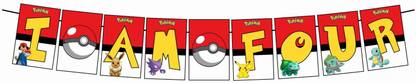 Balloonistics Pokemon Theme I Am 4 Happy Birthday Banner for Background and Party Decorations Banner