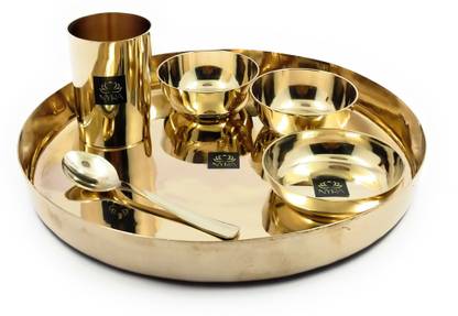 Nyra Bronze Kansa/Phool Thali 6 Pcs Set -1 Thali, 2 Bowls, 1 Pudding Plate, 1 Glass ,1 Spoon Dinner Set