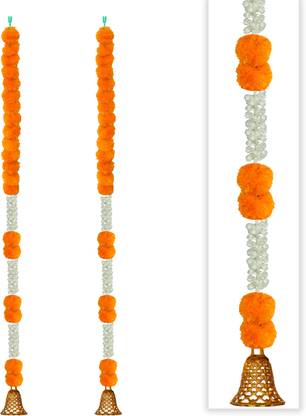 iHandikart Artificial Marigold & Jasmine Flowers Garland Color Light Orange (33007) Multicolor Jasmine, Marigold Artificial Flower
