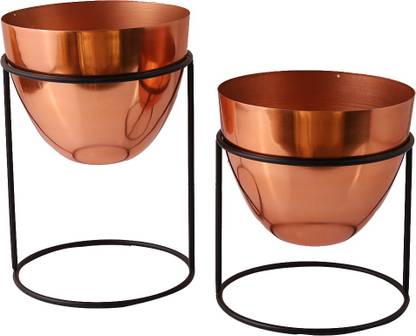 HomeShastra Rose Gold Ovate Metal Planter with Stand |Set of 2 Plant Container Set