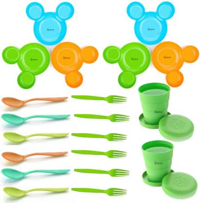 QUPSY Mickey Shaped Kids Snack Serving Sectioned Plate with Spoon & Pocket Glass Sectioned Plate