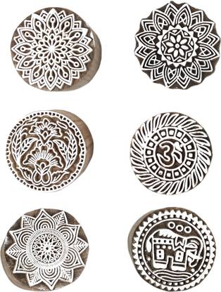 Global Art Traders Set of 6 Round Shape Block Mandala Art Handcrafted design Wooden Block Printing Blocks