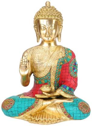 Kartique 1 Feet Large Brass Buddha Blessing Posture Sitting Monk Big Idol Decorative Showpiece  -  32 cm