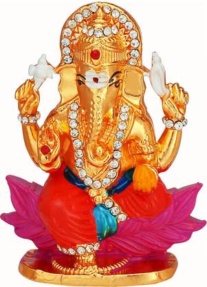 GCT Lord Ganesh Murti | Ganesha Sitting on Lotus Idol (B-155) Color Metal Statue Decorative Showpiece  -  7.6 cm