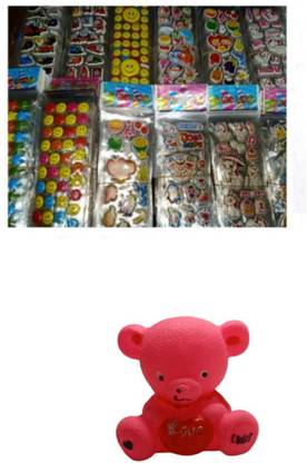 imtion 2 in 1 ( 5 sheet 3d Cartoon sticker + Teddy Baby hand seeti Chu chu toy )