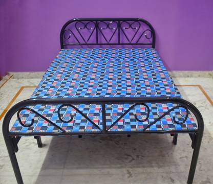 Sahni Double Size Iron/Metal/Steel Folding Bed with 1 inch multi-colour Fixed Mattress Metal Double Bed