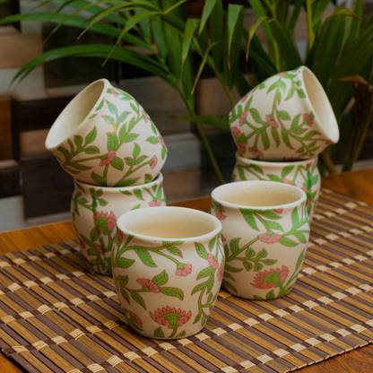 Jimkia Pack of 6 Ceramic Kullad Tea Cup "Toxic Leafy Tea Kulhad" Serving Kulhar / Lassi Kullar / Cups