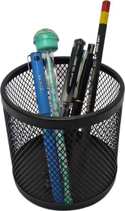 Samarth 1 Compartments Round Metal Mesh Desk Organizer Big Stationery Storage Pen Stand