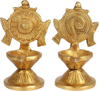 Kartique Oil Lamp Diya Set: Shankha-Chakra Arti Deepam for Home Temple Aarti Deepak Pooja Brass (Pack of 2) Table Diya Set