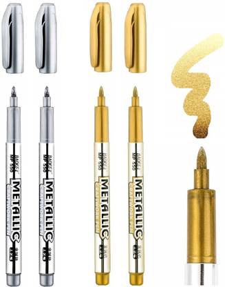 Definite 2Pc Silver & 2Pc Golden Metallic Craftwork Pen (1.5mm) for Plastic, Glass etc