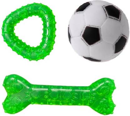 Just Kidding Pack Of 3 Combo Transparent Paw Print Bone,Squeaky Football,Triangular Teether Rubber Chew Toy For Dog & Cat