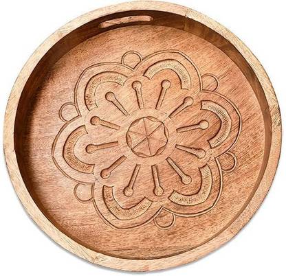 ARIJA Rustic Wooden Round Serving Tray with handle| Designer Decorative Wooden carved Ottoman Tray for Coffe Tea, Drinks serving with handles| Rustic Home décor, Boho Décor Serving Tray| Tray