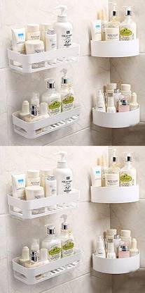 PIURA Shower Corner Shelf Adhesive Sticker (4 Bathroom Shelves + 4 Corner Shelf Rack) Plastic Wall Shelf
