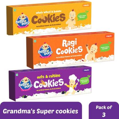 bebe burp Kids Cookies Combo Pack of 3 - 150g each (Ragi, Whole Wheat, Oats & Raisins ) Baby Snacks 400 g