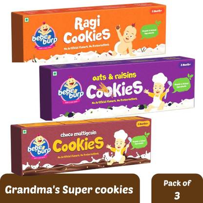 bebe burp Cookies Combo Pack - 3 Varieties,150g Each (Ragi,Oats-Raisins,Choco Multigrain) Baby Snacks 400 g