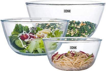BINZO Glass Mixing Bowl Set of 3 (2500 ml, 1250 ml, 680 ml) Bowl for Mixing, Dough, Pasta, Salad, Cake