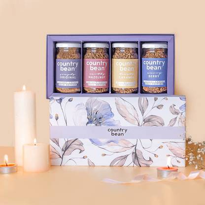 Country Bean Gift hamper with Hazelnut, Caramel, Berry and Original coffee (50g x 4) Instant Coffee