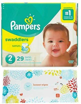 Pampers Swaddlers Size 2 Diapers (29ct) Bundle with Honest Company Baby Wipes (10ct) - S - M