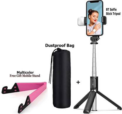 POZUB Bluetooth Extendable Selfie Stick Stand with Led Light Wireless Remote+Carry Bag Single Gimbal for Mobile, Camera