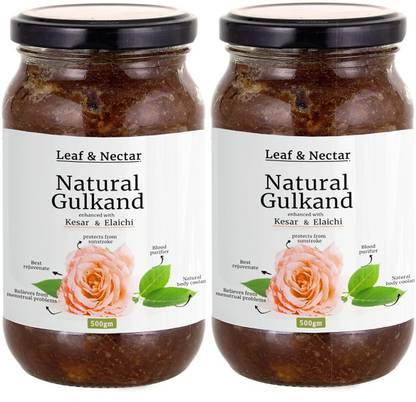 leaf & nectar Natural Gulkand with Kesar & Elaichi - Prepared Using Damask Rose & Rock Sugar, ( 500gm X 2 )