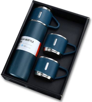 Aradhya Shoppe Stainless Steel Vacuum Flask with 3 set of Steel Cup Combo – 500ml 500 ml Flask  (Pack of 1, Blue, Pink, Black, Steel)