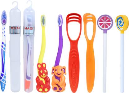 Maxi Oral Care Combo of 8-2 Bingo Toothbrush & (2 Adults) For You Toothbrush&(2 TC) 1 Number Tongue Cleaner&2 Lollipop Tongue Cleaner