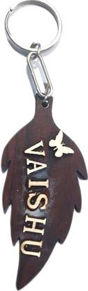 Trending name keychain Wooden Leaf Name Personalised Key Chain (7.3?cm?x 3.7?cm_Brown) Key Chain