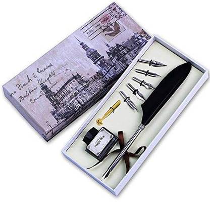 BM RETAIL Antique Quill Feather Dip Pen Writing Ink Set Stationery Box with 6 Nib - Black Fountain Pen