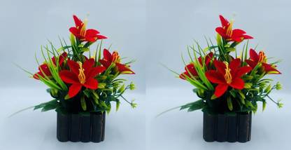 Ryme Pack Of 2 Multicolor Lily Artificial Flower  with Pot