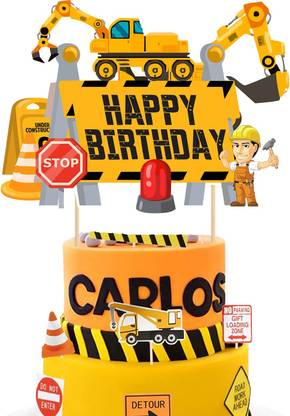 ZYOZI Construction Truck Happy Birthday Cake Topper, Construction Truck Cake Decor, Cake Topper