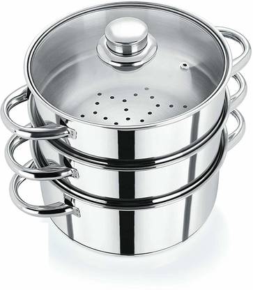BMS Lifestyle Stainless Steel 3 Tier Steamer/Momo/Modak Maker with Glass Lid & Riveted Handles Induction & Standard Idli Maker