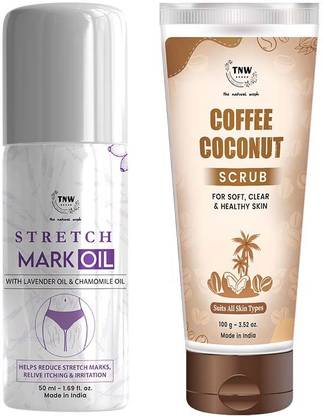 TNW - The Natural Wash Body Care Combo with Stretch Mark Oil and Coffee Coconut Scrub | For Reducing Stretch Marks & Exfoliating Dead Skin