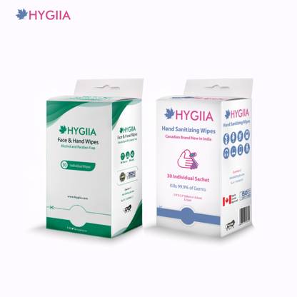 HYGIIA Face & Hand Wipes and Sanitizing Wipes Combo ( 30 Pouches Per Box )