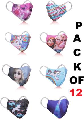 ACLIX (Pack Of 12) Barbie + Unicorn Printable and suitable Mask for children, Printable Mask for 4 To 12 Year Kids with Multi color Washable, Reusable Cloth Mask
