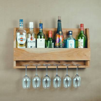 RAMAADHARI CREATION Wall Mounted Bar Shelf with Whiskey & Wine Glass Holder & Rack Solid Wood Bar Cabinet
