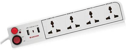 ANCHOR 22783- Spike Guard With 1 Switch 2 USB Socket With 1.5 Meter Long Wire 4  Socket Extension Boards