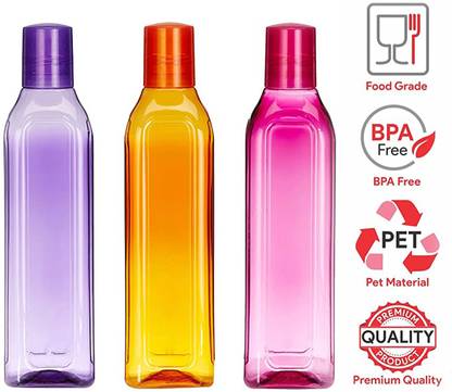 VM BOND Smart Plastic Water Bottles, Set of 3 ( Rectangular Pattern) Multicolor 1000 ml Bottle