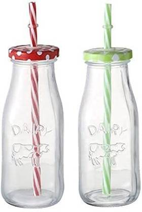 GVJ TRADERS Reusable Straw,Glass Milk Shake Airtight Checked Lid with Straw 300 ml Bottle