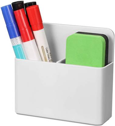 TurtleGrip 2 Compartments Magnetic pen Holder, Dry Erase Marker, Pen, Erase Holder for Whiteboard, Magnet Pencil Cup Storage Organizer for School Office, Home (White, Pack of 1)
