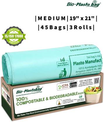 Plastobag Compostable | Bio-degradable ( Pack of 3 Roll) | Dustbin Bag | Medium 1 L Garbage Bag  Pack Of 45