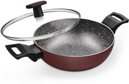 MILTON Pro Cook Granito Induction Kadhai With Glass Lid, 28 cm / 4.1 Litre, Maroon Kadhai 28 cm diameter with Lid 4.1 L capacity