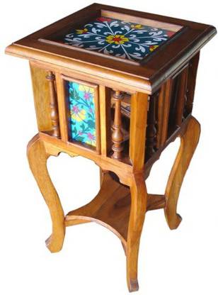 QA Antique Handicraft Look Teak Wood Planter Table with Floral Tile Top (30 x 12 x12 inch) Solid Wood Corner Table