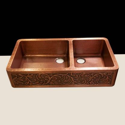 Coppersmith Creations Copper Kitchen Sink 60-40 Split Embossed Hammered Antique Under Counter Basin