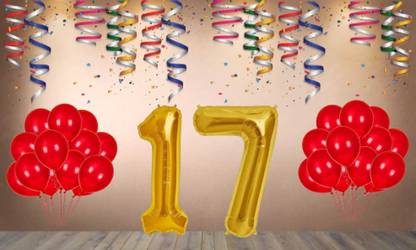 Balloonistics Gold Number 17 Foil Balloon and 25 Nos Red Metallic Shiny Latex Balloon