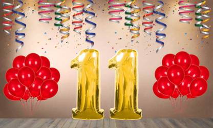 Balloonistics Gold Number 11 Foil Balloon and 25 Nos Red Metallic Shiny Latex Balloon