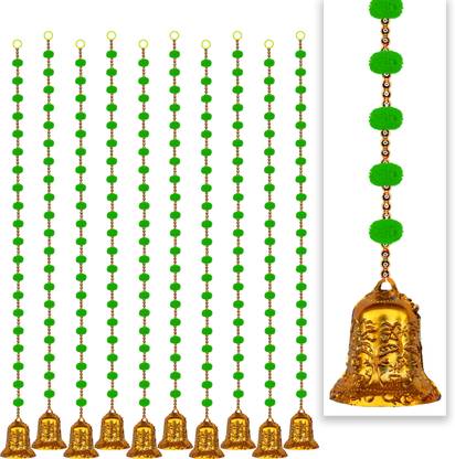 iHandikart Handmade Beads & Pom Pom with Bell Strings, Colour Green (75010-A-10) Plastic Garland